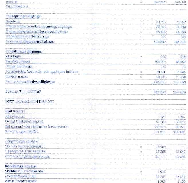 RAPPORT OVER l<`..-)nc:ernens FMANSIELLA STAL 1.Yr- Belopp TILLGANGAR Not 2013.