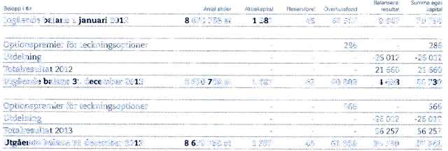 286 286 Utdelning - -26 012-26 012 Totalresultat 2012-21 660 21 660 Utriende balans 31 december 2012 8 670 758 st 1 387 45 60 803 4 498 66 730 Optionspremier for teckningsoptioner 566 566 Utdelning