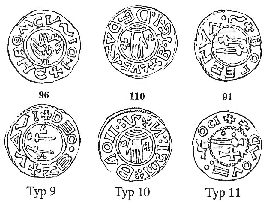 996. Typen bör därför ha börjat präglas före eller omkring år 995. TYP 11 svärd)(svärd Cach 90-91 2 ex Typen finns endast i två ex. T.p.q. är 1002 resp. 1039 (Sturkö, Bl; Karls, Go).