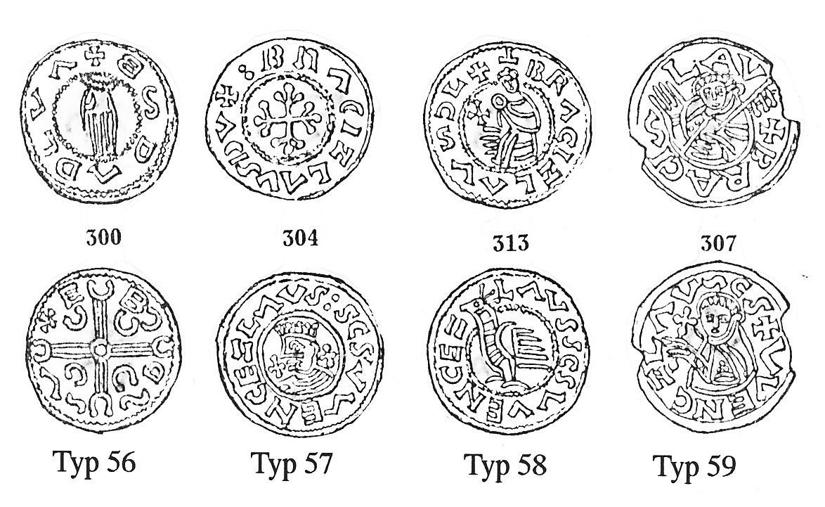 TYP 50 kyrka)(text Vaclav Cach 291, 292 2 ex. Texten på Cach 291 E+EZLAVS och på Cach 292 EN(EZVW,S står troligtvis för helgonet Vaclav (som mördades av Boleslav I). Typen finns i två ex. med t. p.q.