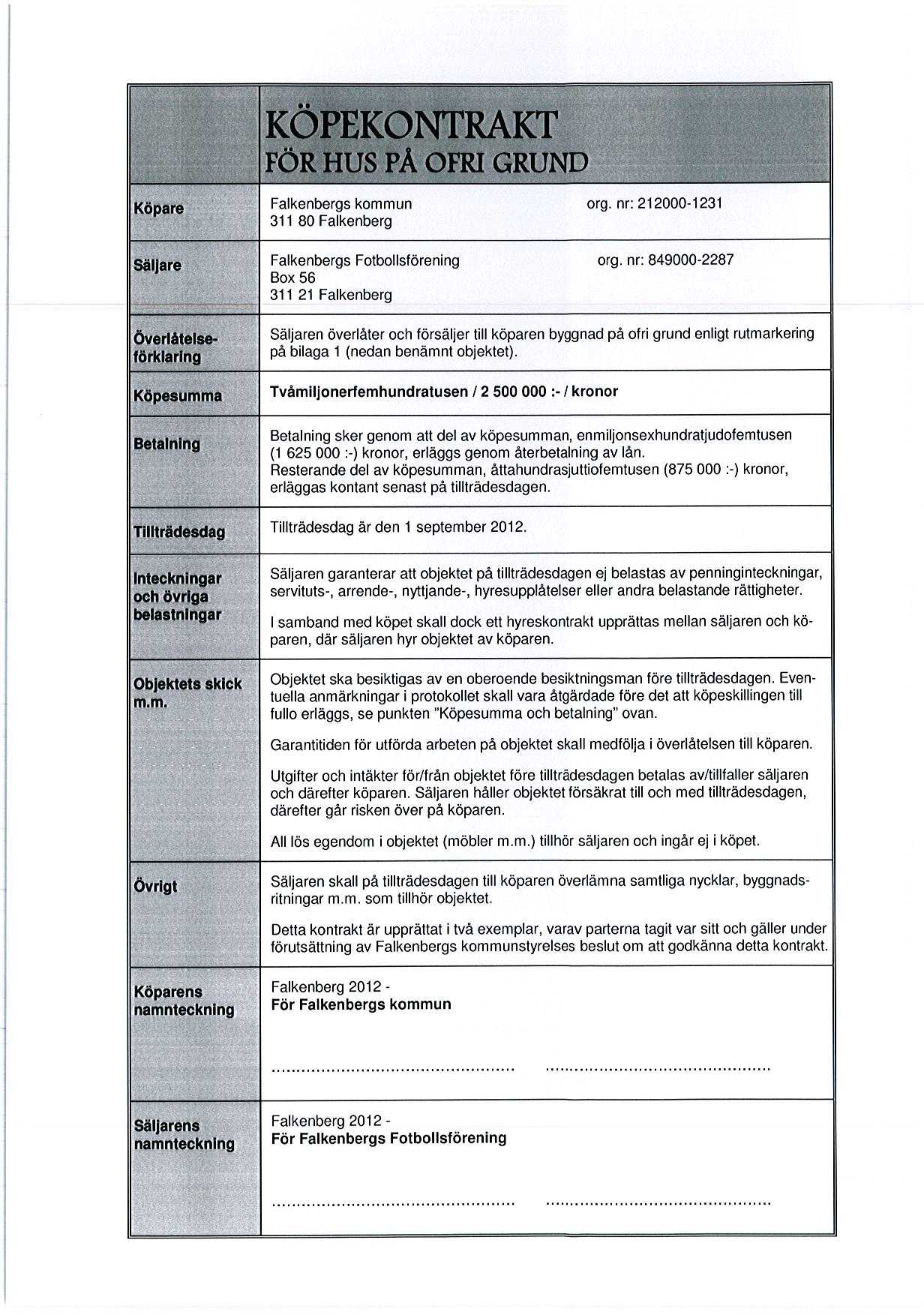 KOPEKON'TRAKT FOR HUS PA OFRI GRUND Kopare Falkenbergs kommun org. nr: 212000-1231 311 80 Falkenberg Saljare Falkenbergs Fotbollsforening org.