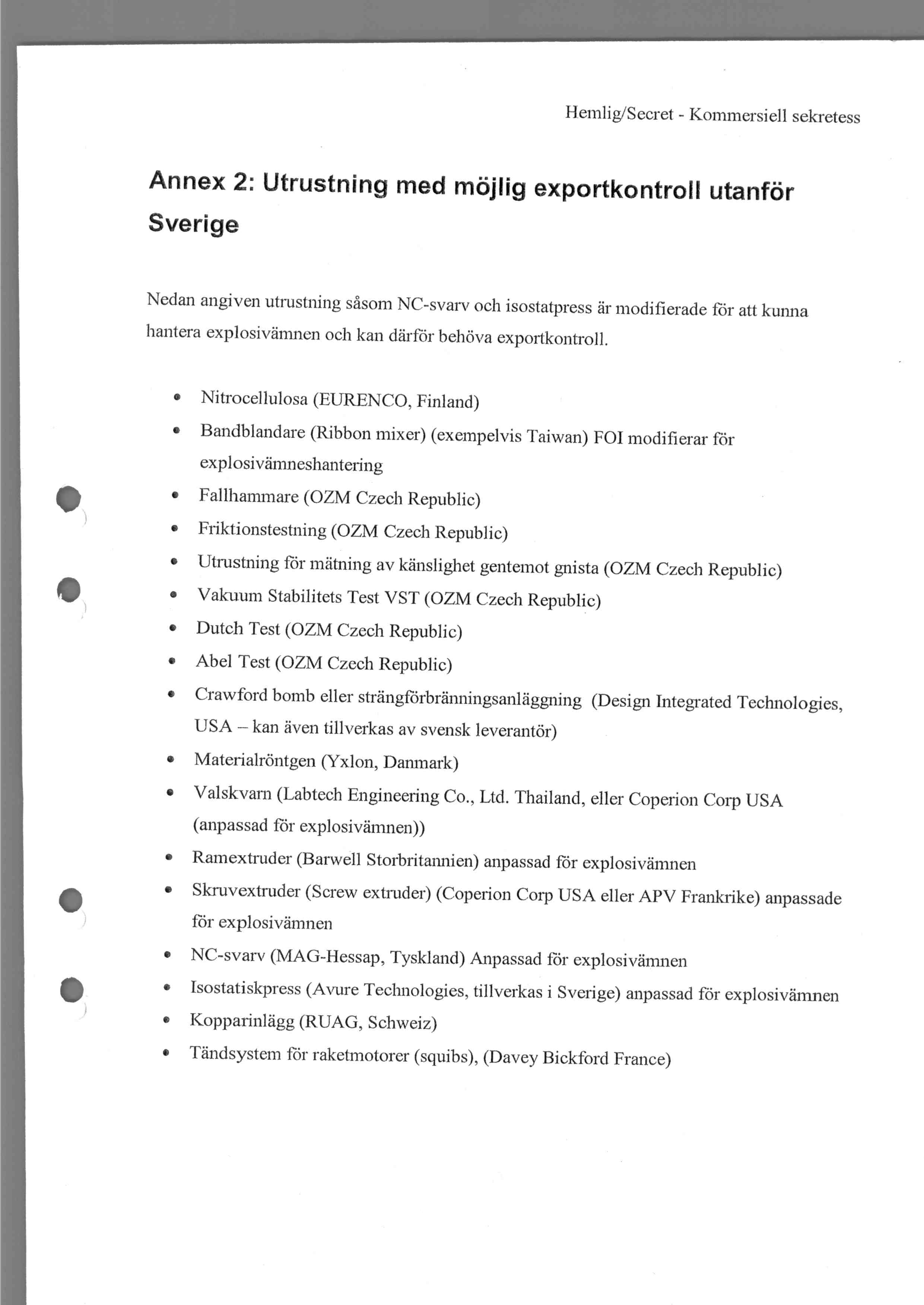 Hemlig/Secret - Kommersiell sekretess Annex 2: Utrustning med mojlig exportkontroll utanfor Sverige Nedan angiven utrustning sasom NC-svary och isostatpress är modifierade for att kunna hantera