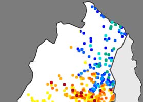 Kolonisationen av Lappland. Kartan visar nybyggen anlagda mellan 1650 och 1900, där mörkare färger anger tidigare bosättning.