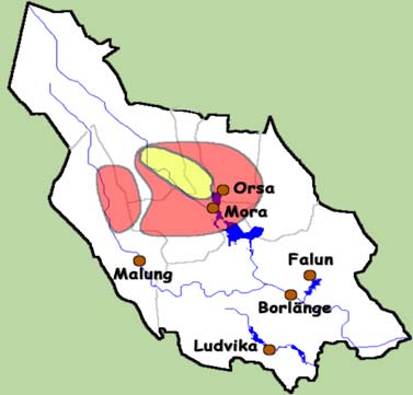 älvdalska Dialektområdena i Överdalarna, med gränser enligt Dahl (2005). Gult representerar älvdalska, och rött de övriga ovansiljansmål som nämns i texten. övriga ovansiljansmål 2.2.4.