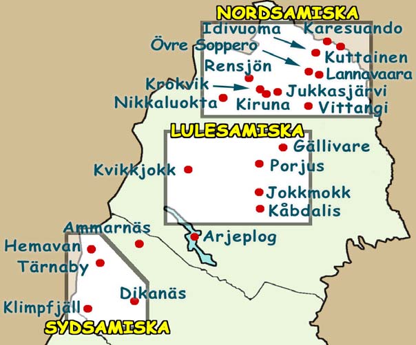 Samiska. Orter omnämnda i texten. 2.5.7. Något om språkbytesprocessen Språkbytet från samiska till svenska beror naturligtvis på en mängd olika faktorer.