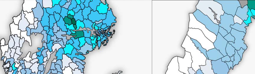 Befolkningsandel med finska som modersmål enligt ovanstående beräkning. Denna framställning utesluter meänkieli, men inkluderar ingermanlandsfinska.