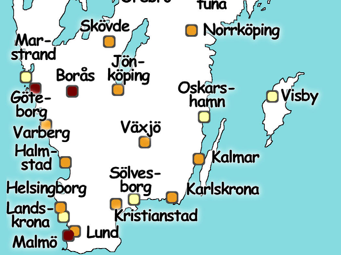 Marstrand, Oskarshamn, Visby, Sölvesborg, Landskrona) Mörkt =