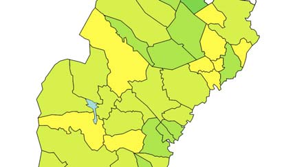 Andel skolbarn med annat hemspråk än svenska per kommun (exklusive Norrbotten) år 2005.