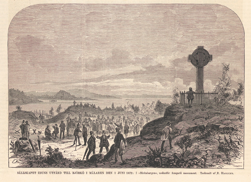 Sällskapet Iduns utfärd till Björkö i Mälaren den 1 juni 1872. I Birkaborgen, nedanför Ansgarii monument. Tecknadt af R. Haglund. Ny Illustrerad Tidning 15/6 1872. gjorde konservatismens bastioner.