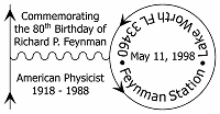 Figur 1: Figuren visar ett Feynman-diagram som användes som poststämpel 1998 i samband med firandet av att det gått 80 år sedan Feynmans födelse.