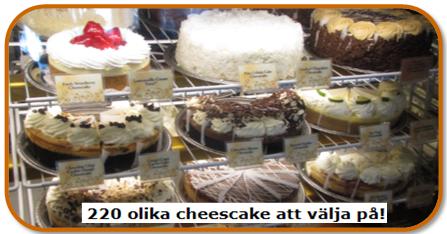 Med många shoppingpåsar tog vi oss sedan till The Cheescake Factory, som påminde om "Calle och Chokladfabriken".
