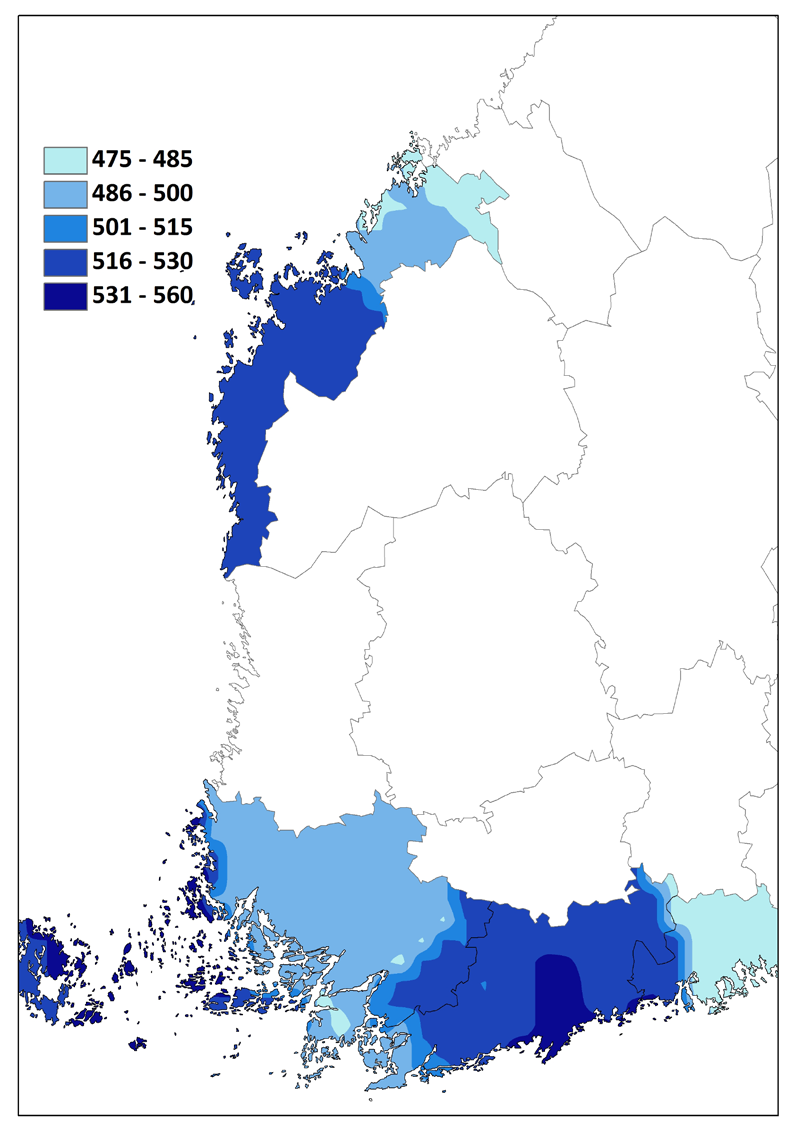Resultatnivån i PISA-undersökningen 2012 Enligt figur 11 kan vi observera att eleverna i huvudstadsregionen samt i de södra delarna av Österbotten uppnår den högsta prestationsnivån i Svenskfinland.