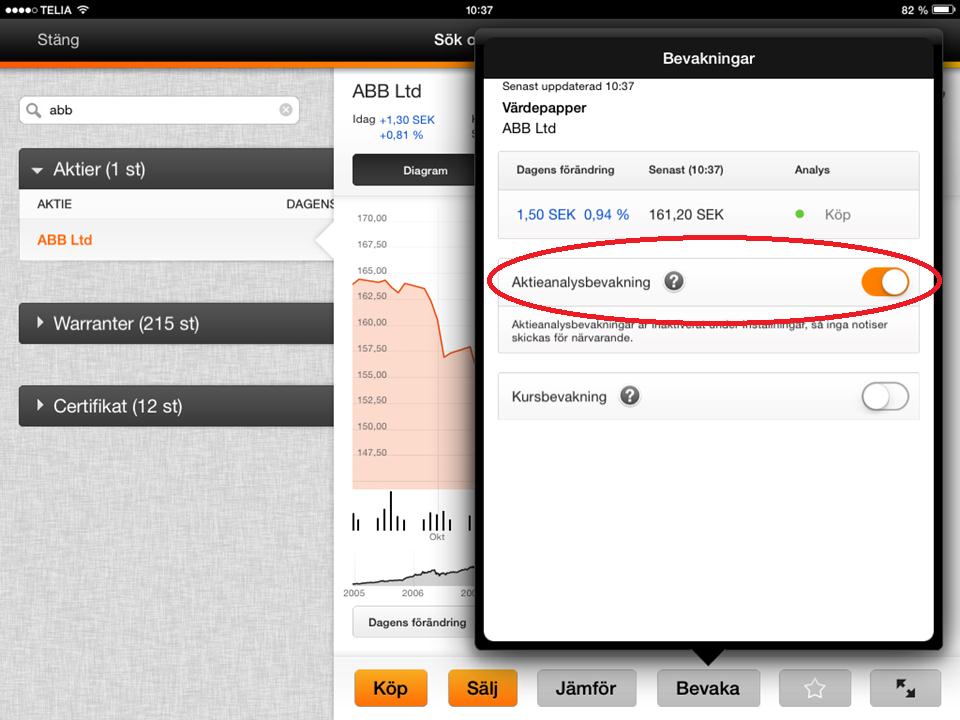 Klicka då på aktiens namn och aktivera väljaren Aktieanalysbevakning under menyvalet Bevaka.