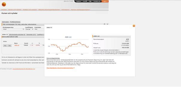 Om Swedbanks analytiker följer aktien finns det en pil-symbol.