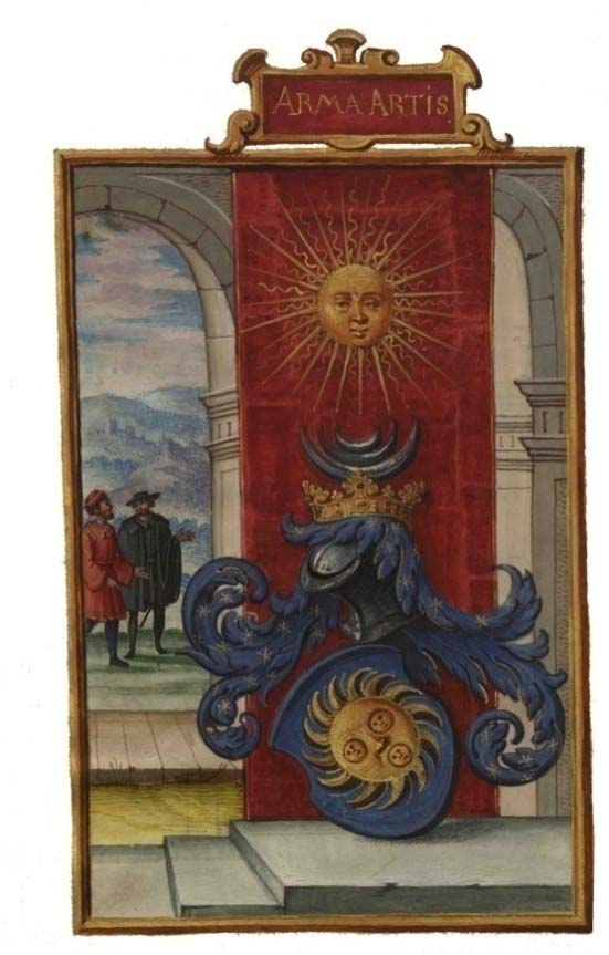 Den första bilden från Splendor Solis visar relationen mellan den himmelska Solen (elden) och de tre reflekterande eldarna i opuset.