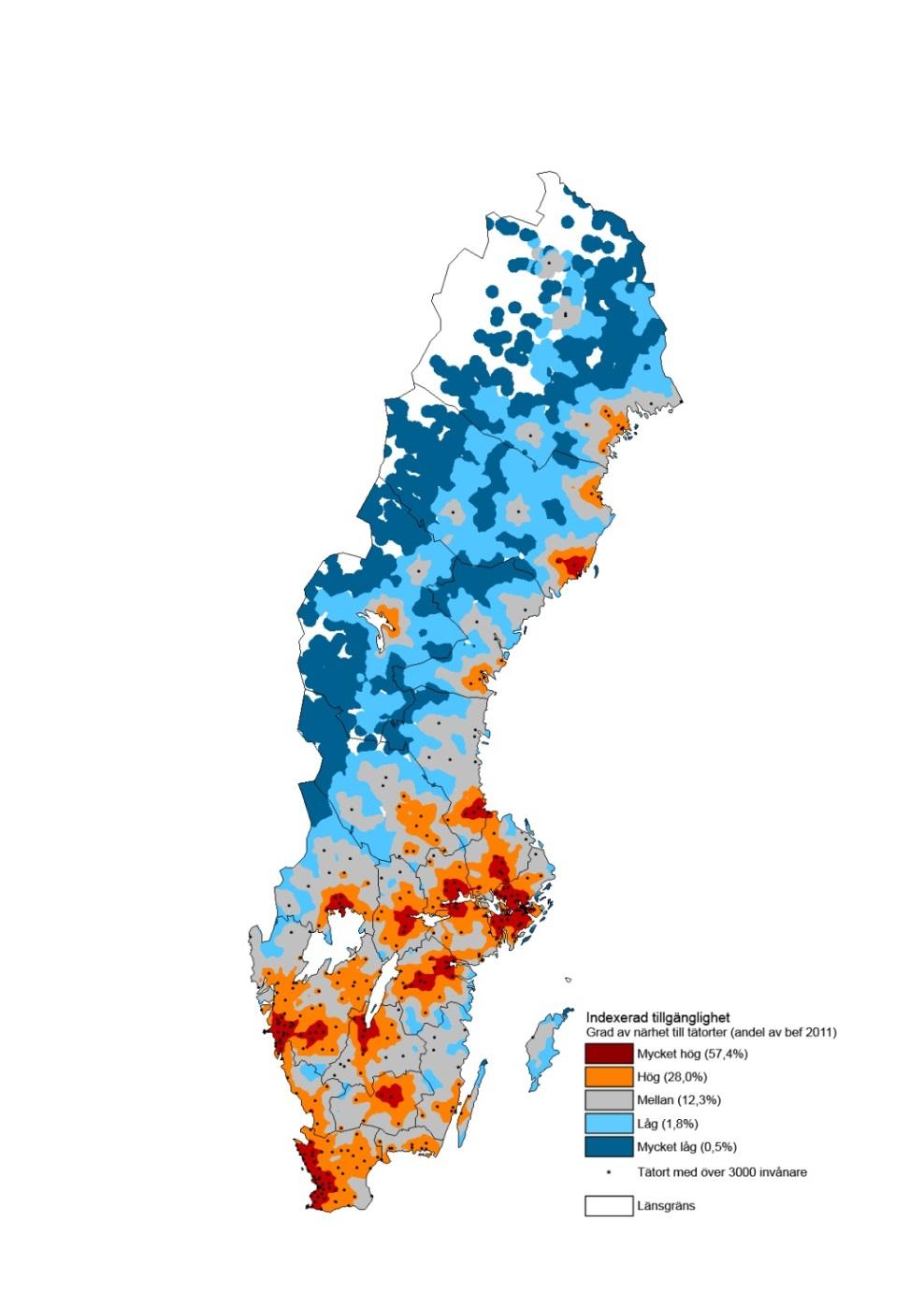 Figur 3.4.1: Indexerad tillgänglighet. Grad av närhet till olika tätortsstorlekar, år 2010. Källa: Tillväxtanalys (2010c) Tillgänglighet till tätorter av olika storlekar.