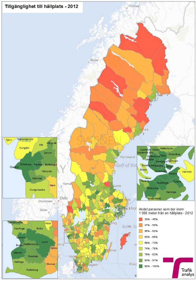 Figur 3.4.3: Andel personer som bor inom 1 000 meter från en hållplats. Källa: Befolkningsstatistik från (SCB, 2013a) och hållplatser 2011 från (Samtrafiken, 2013). Bearbetning Trafikanalys.