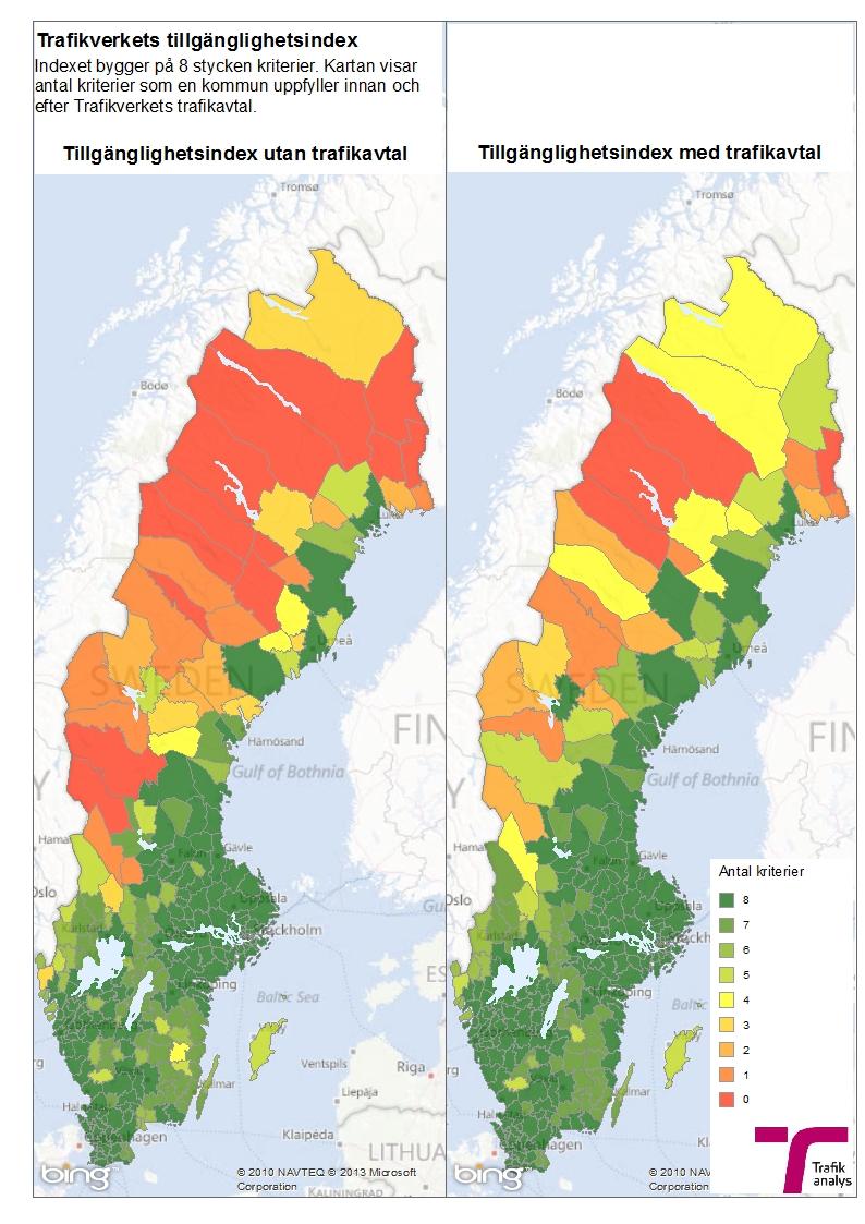 Figur 3.4.6 Interregional tillgänglighet enligt Trafikverkets åtta tillgänglighetskriterier, före respektive efter trafikavtal.