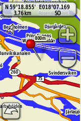 Grundläggande navigering 5. Tryck på destinationen. 6. Tryck på Kör. En färgad linje anger din kurs. 7. Tryck på > Kompass. 8.