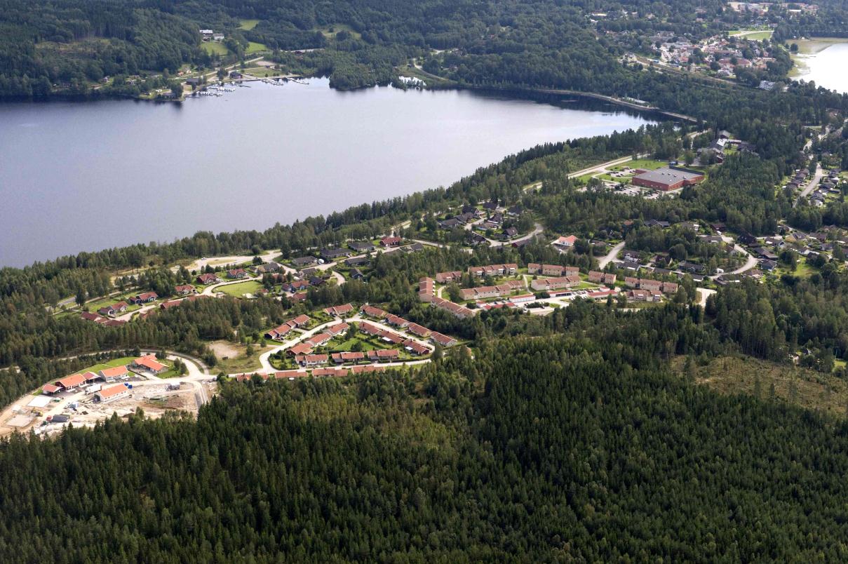 Flygbild, LG-foto. Röda pilen visar planområdet. Geotekniska förhållanden Geoteknisk utredning har inte genomförts. Området består av ett tunt markskikt på berg eller berg i dagen.