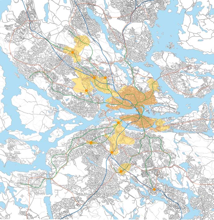 Alternativ regionplan Nybebyggelse placeras uteslutande i den nya och gamla kollektivtrafikens stråk, i första hand i knutpunkterna. Mörkare orange markerar det som idag är tät stad.