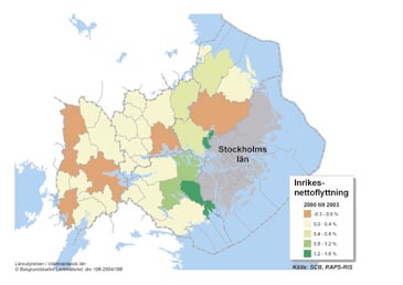 Figur 6. Nettoflyttning per kommun i Mälarregionen mot Stockholms län 2000-2003 3. (Källa: SCB) Regionen växer samman I Stockholm-Mälarregionen är resandet stort.
