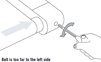 Kontrollera att bandet är rätt inställt. Låt bandet gå ett helt varv och se om det behövs ytterligare justeringar. Upprepa vid behov tills bandet stannar kvar i mitten när maskinen används.