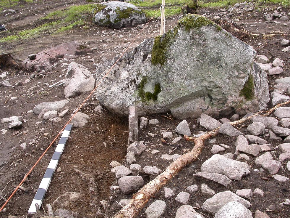 S A728 Mörkbrun humös sandig silt Morängrus Rest sten Kvarts N 0 1 m Fig. 70. a. A728 profil ritad från öst. Skala 1:20. b.