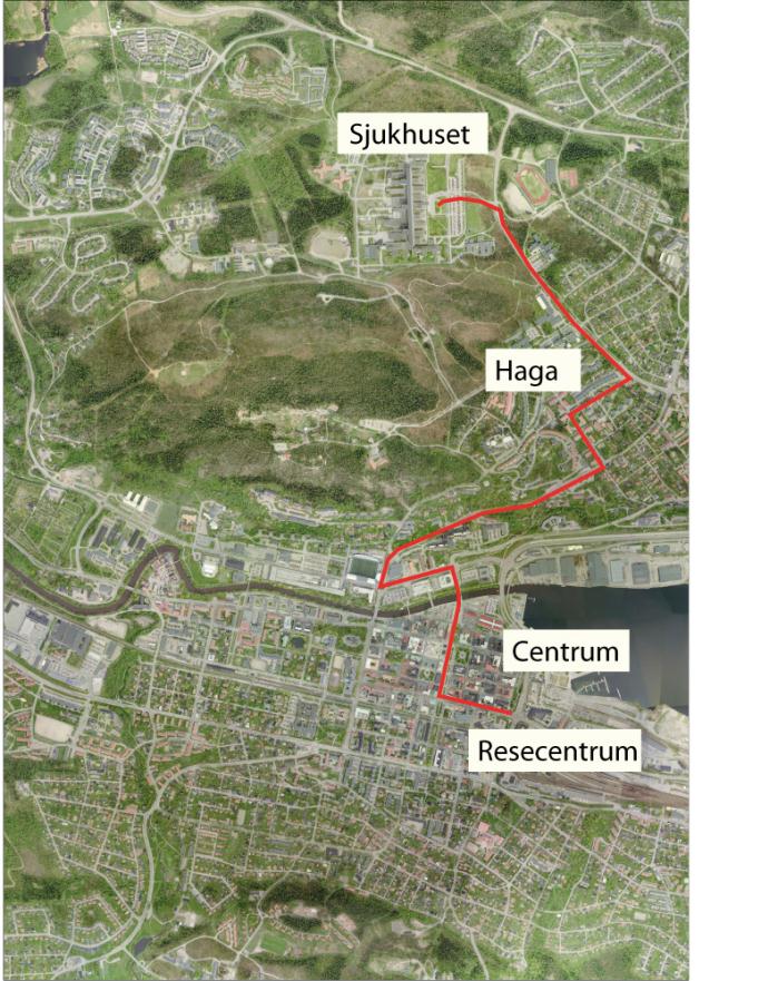 Sträcka för studie Figur 15. Vald sträcka för studie i Sundsvall: Sjukhuset Resecentrum.