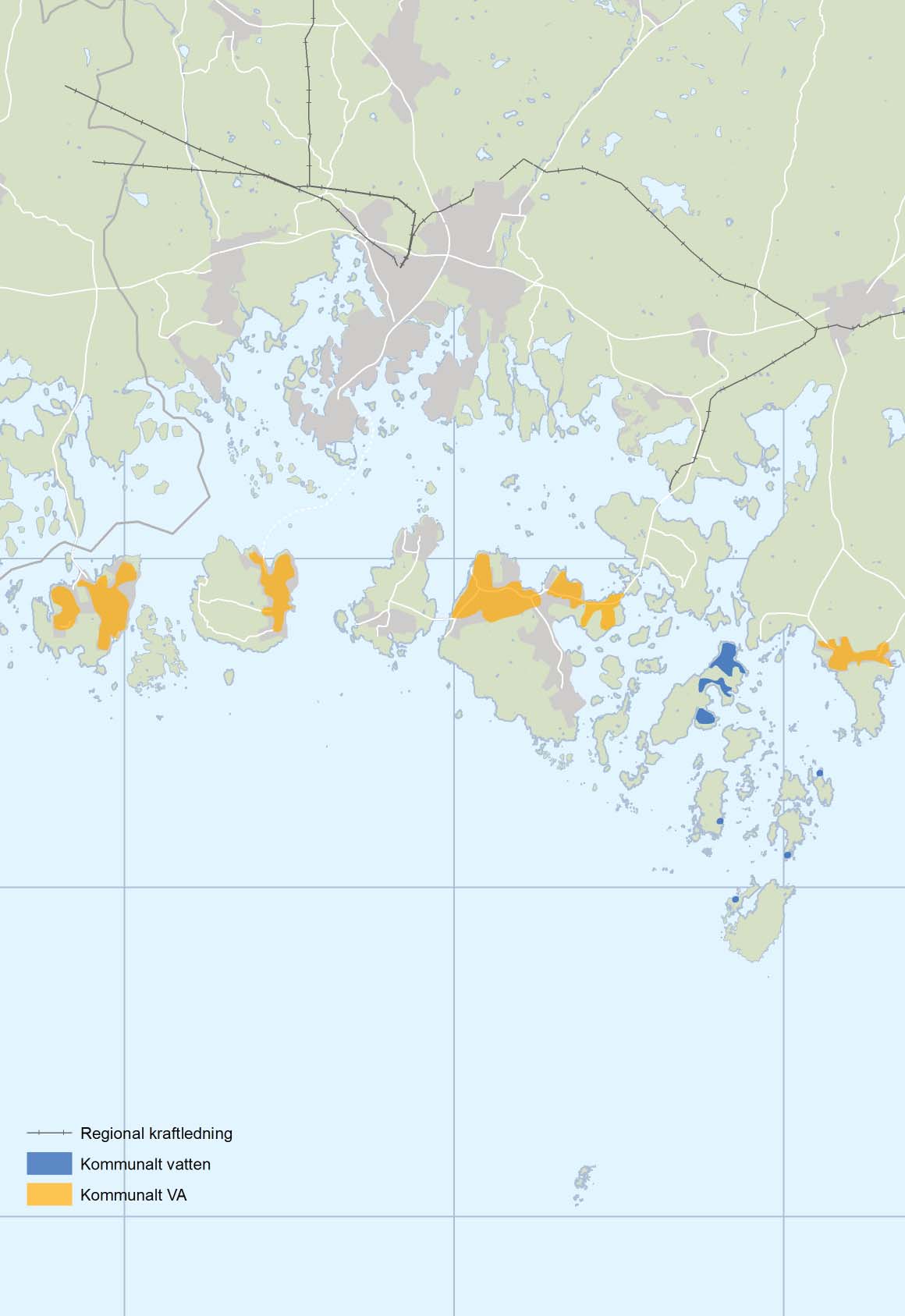 Möcklö Senoren Hasslö Aspö Tjurkö Sturkö Torhamn Ytterön/ Östra Hästholmen Inlängan Ungskär Långören Stenshamn/ Utlängan Utklippan Regional kraftledning och områden i Karlskrona