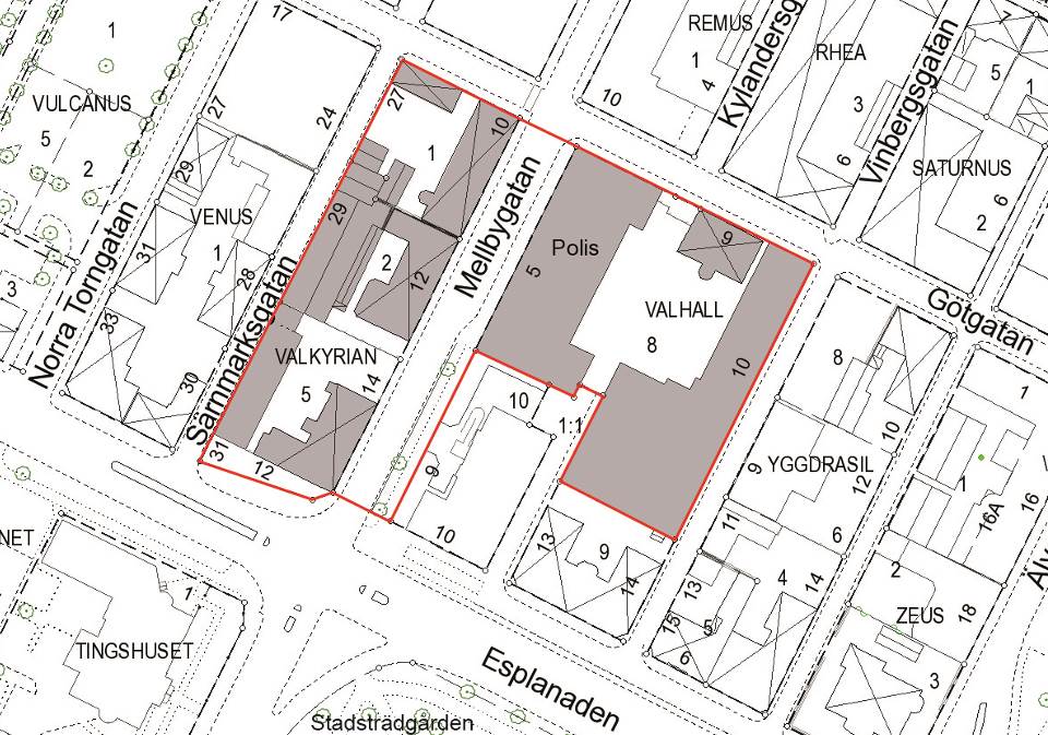 Bebyggelseområden Åklagarvillan Skattehus Bostäder Inom planområdet finns idag hyreslägenheter längs med Mellbygatan på fastigheten Valkyrian 5 samt en lägenhet på Valkyrian 2.