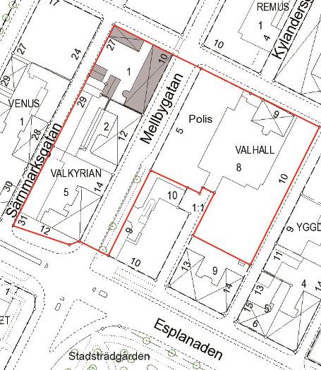 Målning från 1800-tal föreställande Mellbygatan och boningshusen i kv. Valkyrian.