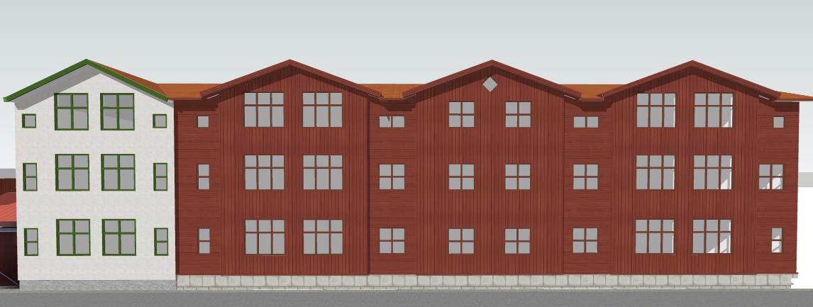 Fotomontage med föreslagen ny byggnad illustrerad i rött.illustration: Link arkitektur Planen möjliggör för uppförande av en ny byggnad inom liknande volym som befintlig magasinsbyggnad.