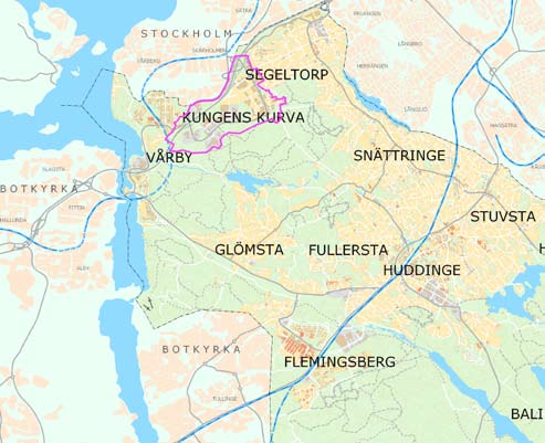 2 Planförslag 2.1 Planområdets avgränsning och läge Kungens kurva ligger i den nordvästra delen av Huddinge kommun, utmed väg E4/E20.