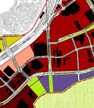 Byggnaderna bör få en tät och hög struktur som förutom exponeringen mot vägen även kan bidrar till en bättre luftmiljö inom Kungens kurva då bebyggelsen innebär ett effektivt hinder för de partiklar