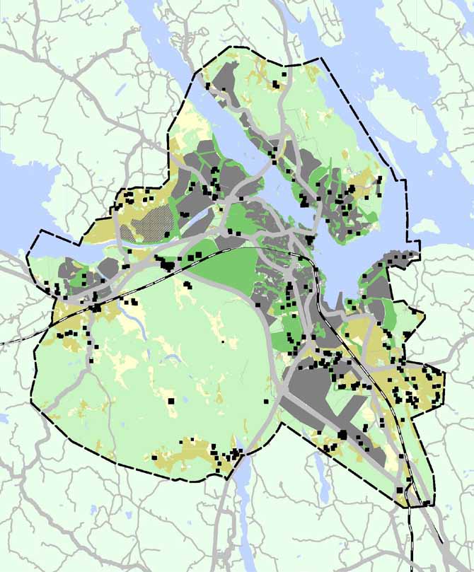 den i tätorten och närmaste gröning inte bör överstiga 300 meter och att distansen mellan bostaden i tätorten och närmaste granskapspark inte bör överstiga 1000 meter.