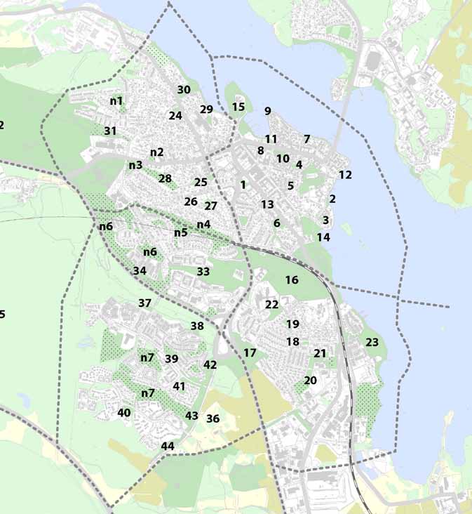 Bilaga 2 Grönytesförsörjning inom de enskilda stadsdelarna i Strängnäs stad: I beräkningen ingår endast mindre grönytor, gröningar, grannskapsparker och stadsdelsparker då dessa grönområden är