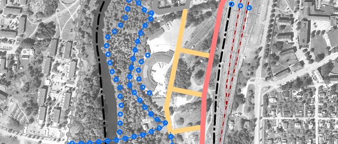 En mindre prioriterad ny gång- och cykelförbindelse föreslås även i ett lågt läge mitt för badhuset. Lätta broar förstärker kontakten mellan stadsdelarna, de både knyter samman och öppnar upp.