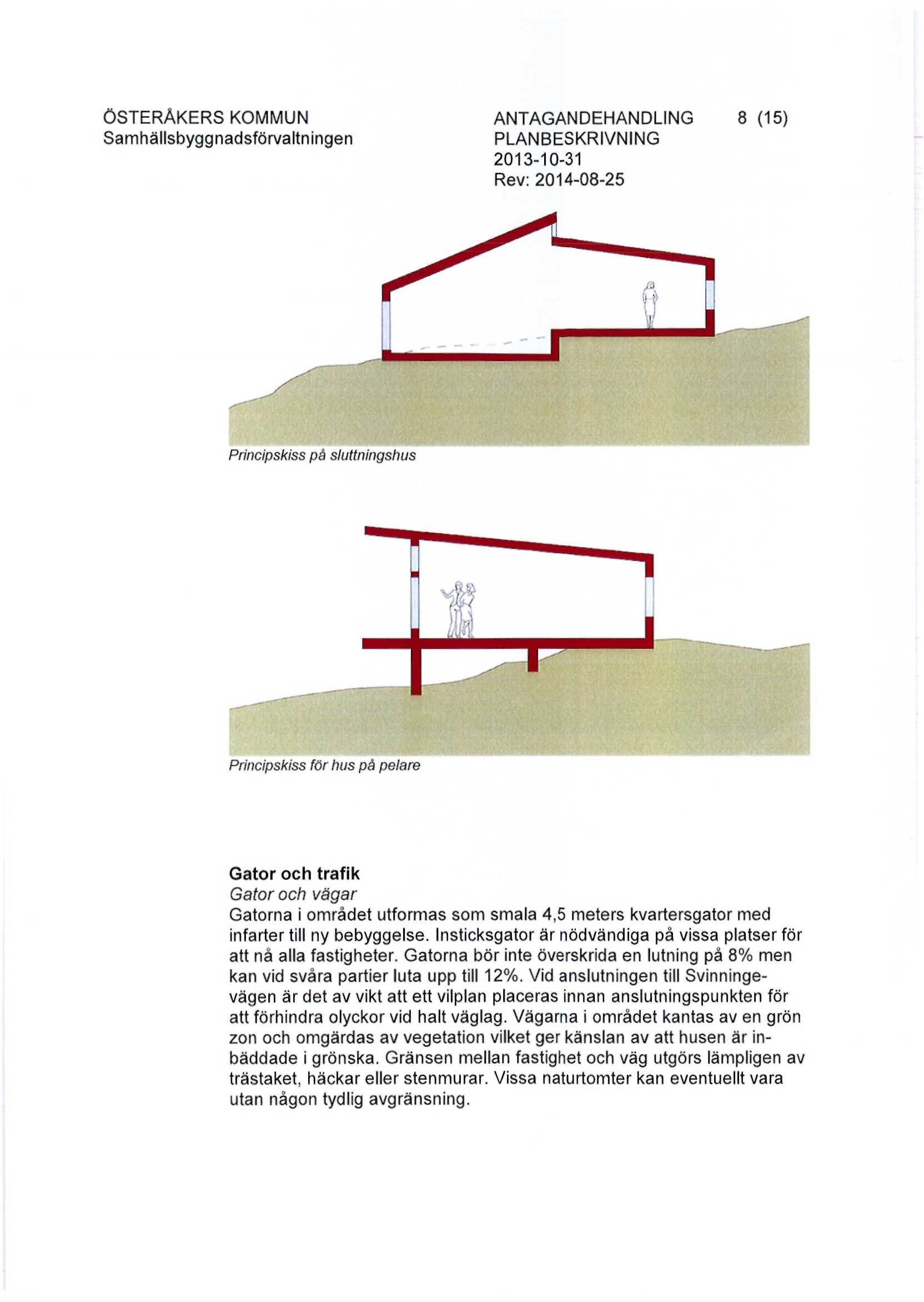 ÖSTERÅKERS KOMMUN ANTAGANDEHANDLING 8 (15) PLANBESKRIVNING 2013-10-31 Rev: 2014-08-25 Principskiss på sluttningshus Principskiss för hus på pelare Gator och trafik Gator och vägar Gatorna i området