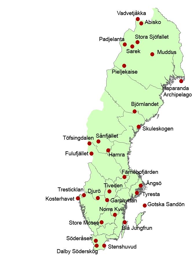 Fig. 7 Location of National Parks in Sweden Companies that reported activities within or in the proximity of a National Park were then asked about the effects of the National Park regulations (e.g. legal rules, management plan) on the NBT operations.