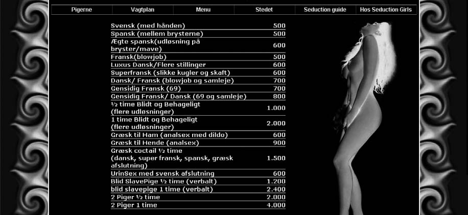 48 Ett s.k. menukort där olika sexuella tjänster och priser redovisas (Internet 070122 http://seductiongirls.com/) Vad utmärker, samt vilka för- och nackdelar finns det med escortbyråerna?