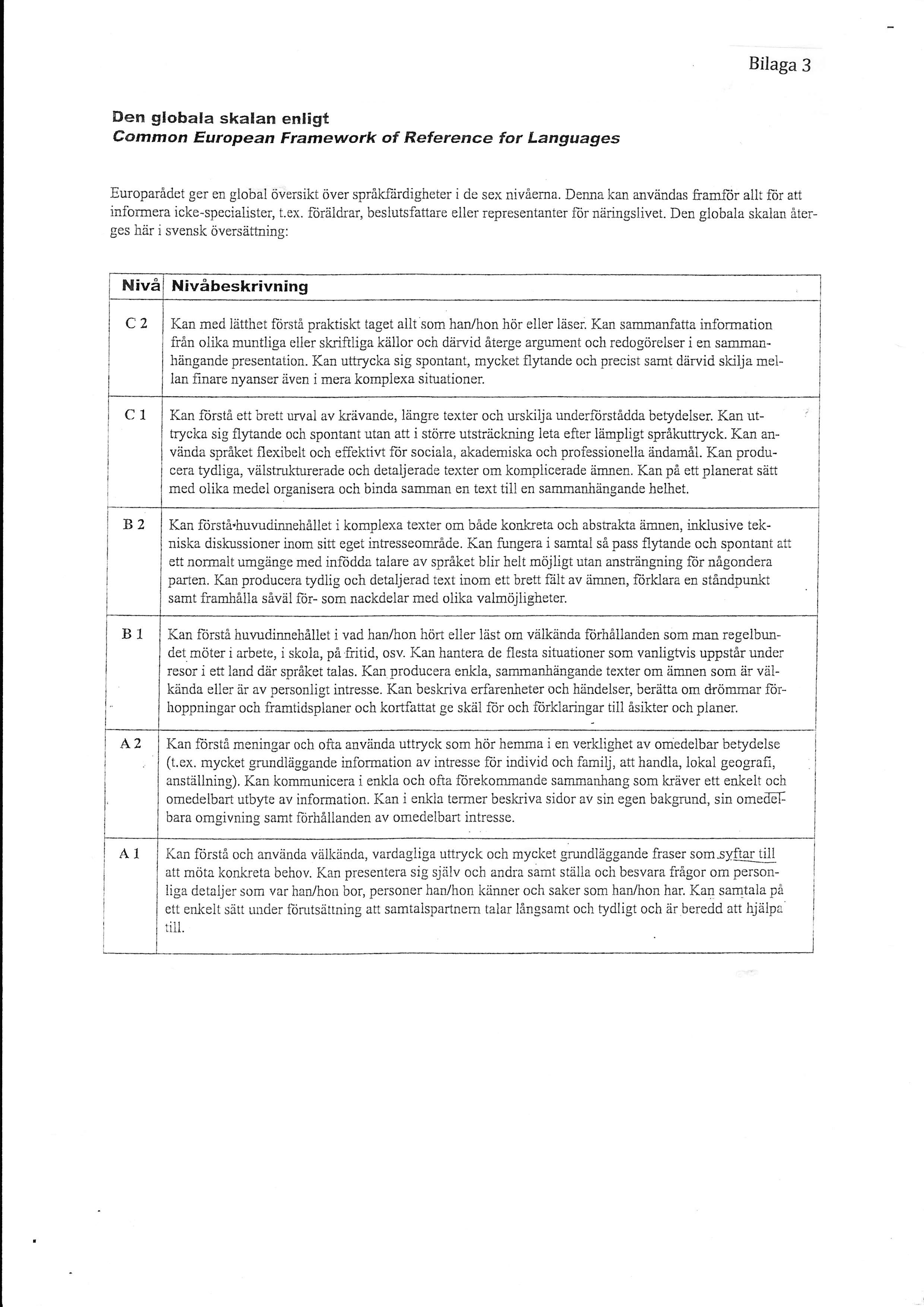 Bilaga 3 Den globala skalan enligt Common European Framework of Reference for Languages Europaridet ger en global oversikt over sprikfiirdigheter i de sex nivierna.