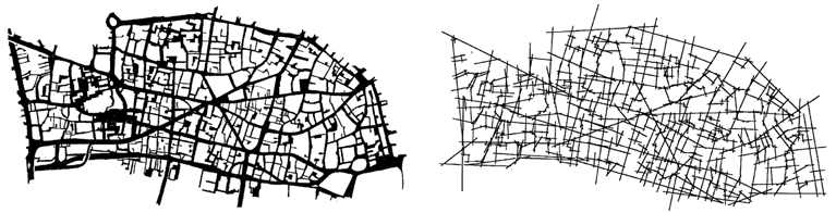 Fig. City of London. Karta över det offentliga uterummet, samt axialkarta. (Hillier 1996 s.