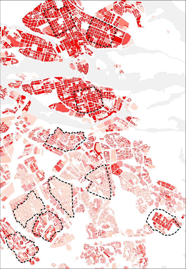 Norrmalm Östermalm Södermalm Årsta Örby Gamla Enskede Stureby Högdalen Skarpnäck Rågsved Fig. Karta över studiens tio analysområden samt fastigheternas befolkningstäthet (boende+arbetande/kvm).