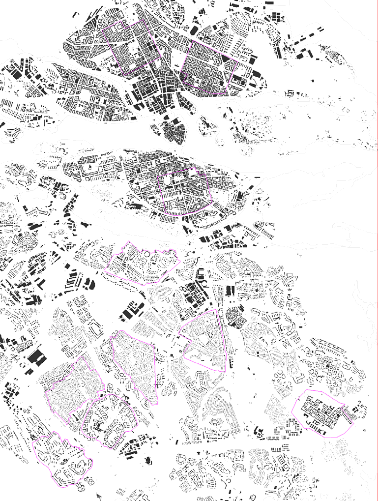 Fig. Uterummet definierat av byggnadskropparna. Innerstadens täthet och struktur kan urskiljas tydligt, emedan småhusområdena knappt syns, p.g.a. av sin låga exploatering.