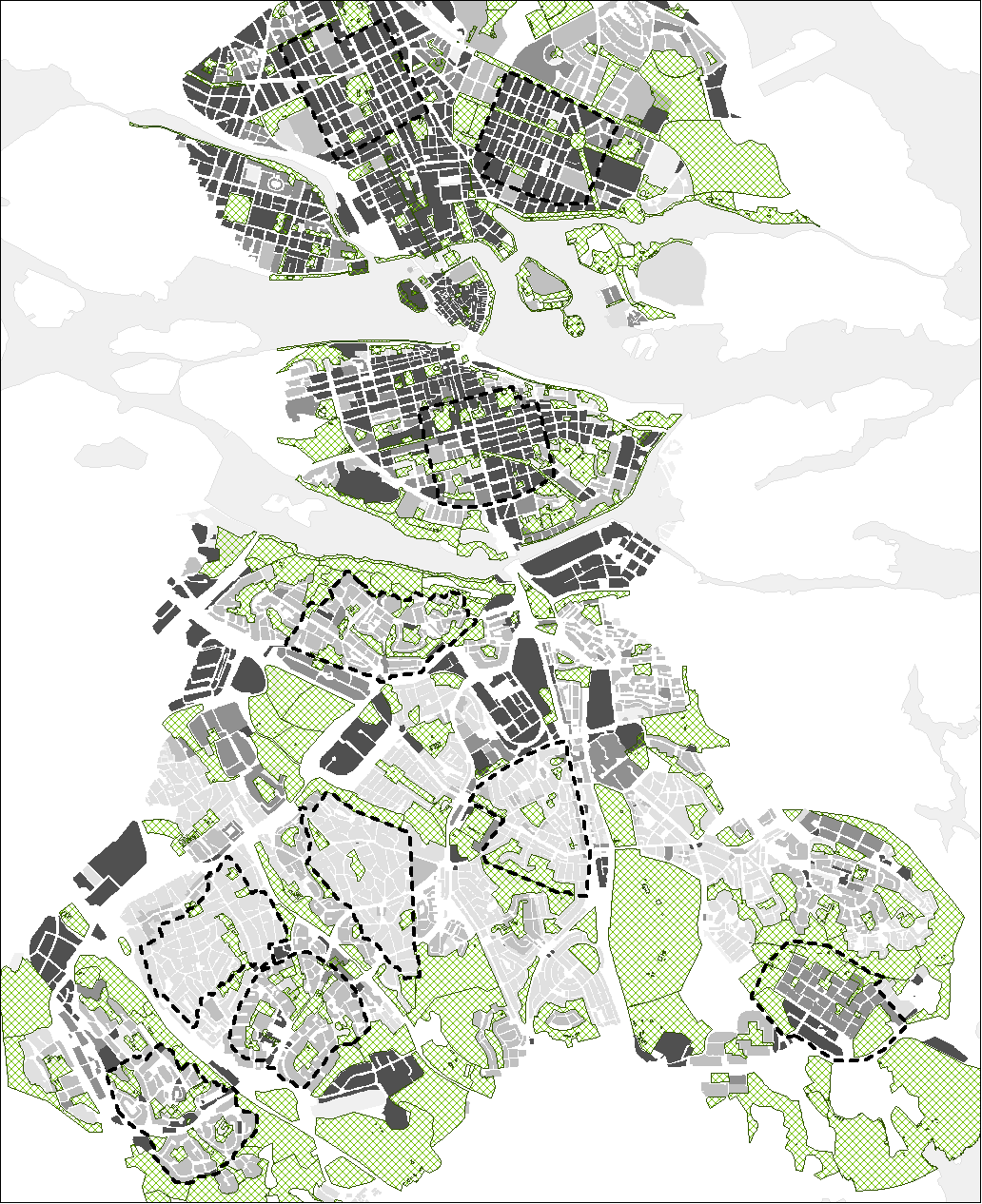 Fig. Fastigheter med 0-100 % privata sociotoper (0-25 %, 25-50 %, 50-75 %, 75-100 %, från ljusgrå till mörkgrå) och offentliga sociotoper (raster), för fastigheter i ett utsnitt av innerstaden och