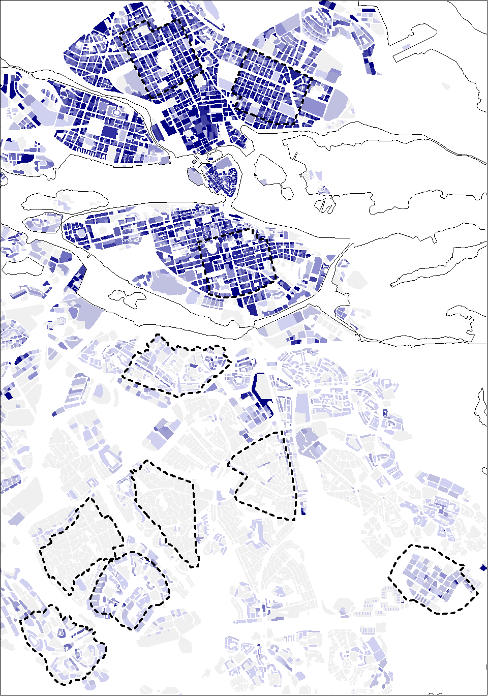 BTA (brutto våningsyta). Fig. Exploateringstal.(BTA för fastigheten/fastighetsarea) för fastigheter i ett utsnitt av innerstaden och söderort.