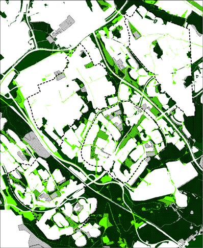 Fig. Parkmark (ljus), naturmark (mörk) och offentlig sociotop (raster). Rågsved, Högdalen, Örby, Stureby till vänster och Norrmalm, Östermalm, Södermalm till höger.