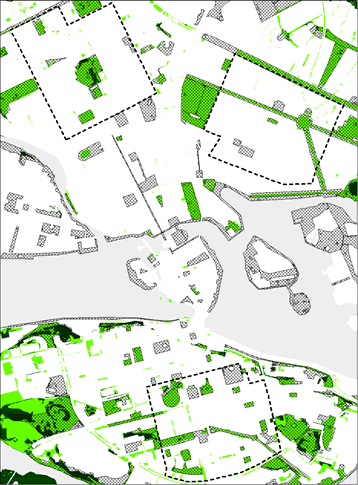 I innerstadens kvartersstad är det mer mark som ansetts som offentlig sociotop än vad som är kommunens grönmark. I ytterstaden är det tvärtom.