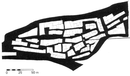 1692-1756) visar de för allmänheten tillgängliga rummen. Dessa vita ytor i planen visar hur torgrum, gaturum och kyrkorum flyter ihop.